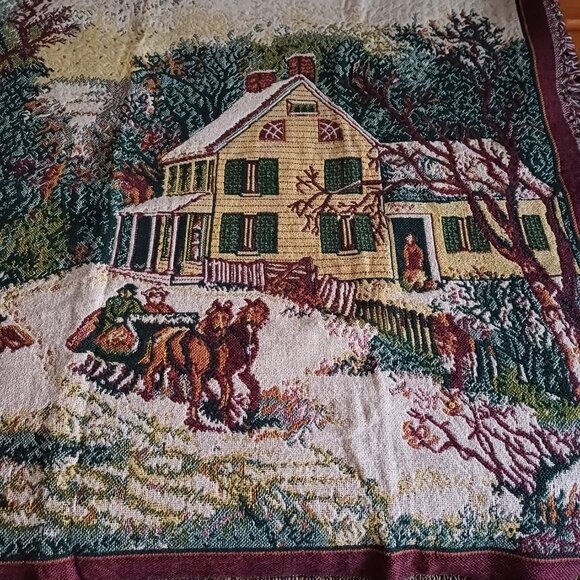 Beautiful Vintage 100% Cotton Throw Blanket Horse Barn and Carriage House Motif - Picture 4 of 11